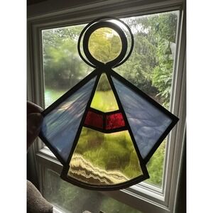 Vintage Stained Glass Angel Suncatcher Blue Yellow Red Window Hanging Ornament
